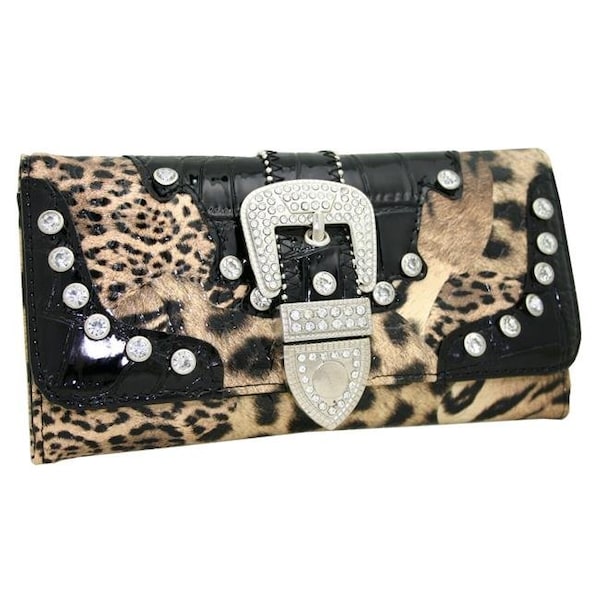 Ritz Ritz WB146-BRN-LP Western Rhinestone Bling Belt Buckle Trifold Wallet - Brown Leopard WB146-BRN/LP - main